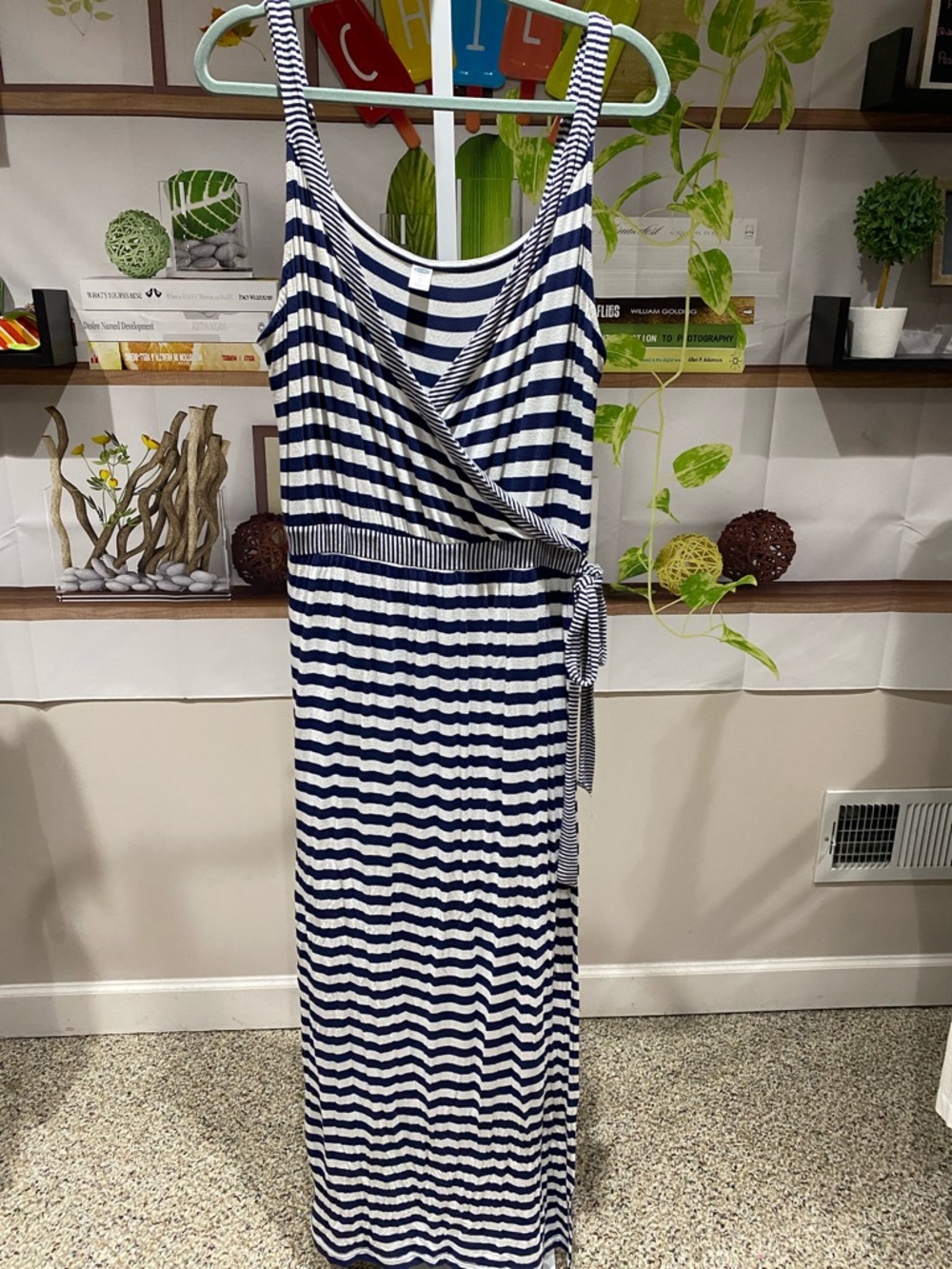 Old Navy Navy and White Striped Wrap Maxi Dress